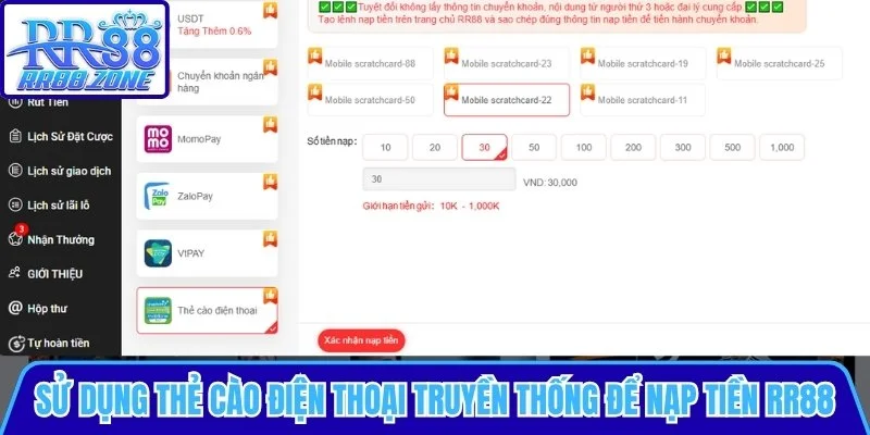 Sử dụng thẻ cào điện thoại truyền thống để nạp tiền RR88